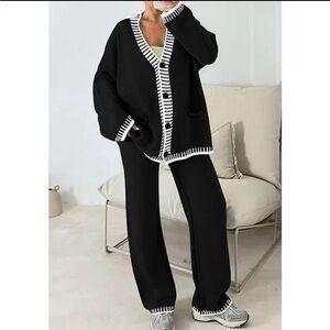 Black and White Striped Sweater Pant Suit